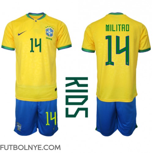 Camiseta Brasil Eder Militao #14 Primera Equipación para niños Mundial 2022 manga corta (+ pantalones cortos)